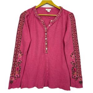 Sundance Floral Embroidered Long Sleeve V-Neck Top Size XS Pink Boho Hippie Y2K